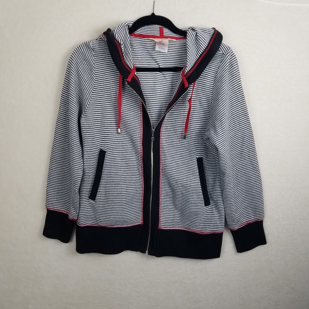 Norm Thompson Womens SP Striped Zip‎ Up Hoodie Jacket Black White Red Trim